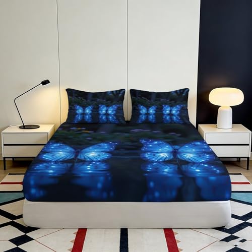 Drap housse papillon bleu 90x200 microfibre - 4