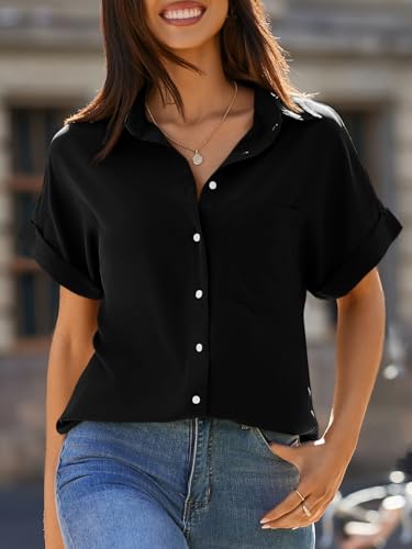 Womens Short Sleeve Shirts V Neck Collared Button Down Shirt Tops with Pockets