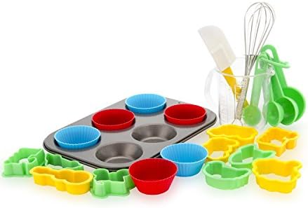 24 PCS Kids Baking Set by Boxiki Kitchen. Includes 1 Muffin Pan, 6 Silicone Cupcake Liners, 10 Cookie Cutters, Spatula, Egg Whisk, Mini Measuring Cup and 4 Measuring Spoons.