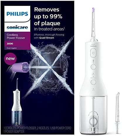 Philips Sonicare Cordless Power Flosser 3000, Water Flosser with Innovative Quad Stream Technology, Oral Irrigator with 2 Flossing Modes and 3 Intensity Levels, Ergonomic Design, White, HX3806/21