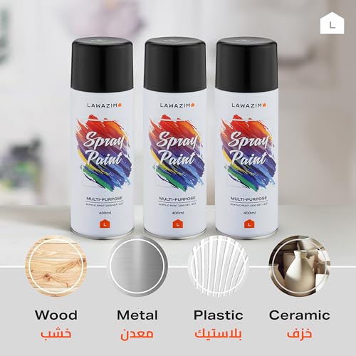Lawazim Pack Of 3 Spray Paint Set - 39 Black - Multi-Surface 400ml Paint with Quick-Drying Cans - Ideal for Wood, Plastic, Metal, Interior & Exterior Uses, DIY, Automotive, and Arts & Crafts