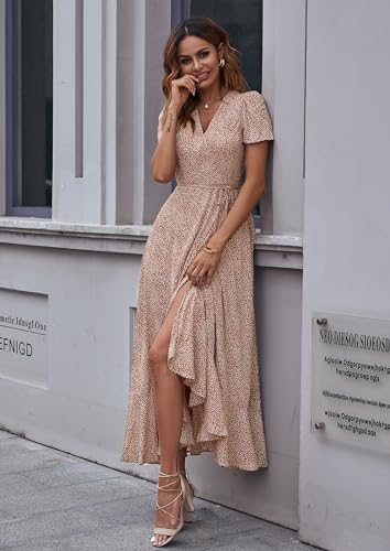 PRETTYGARDEN Women's Summer Maxi Dress Casual Wrap Floral Boho Short Sleeve V Neck Split Ruffle Beach Long Dresses