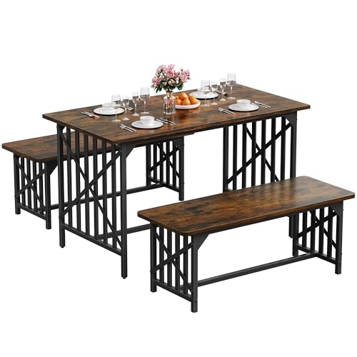 DWVO 3-Piece Kitchen Table with 2 Bench 47.2 Inch Dining Table Set for 4 People Industrial Bench Dining Table Set with Storage for Kitchen Dining Room, Rustic Brown