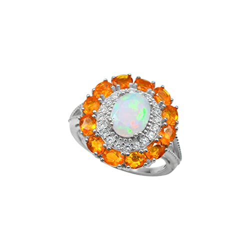 Natural 9X7 Mm Oval Ethiopian Opal Cut Mexican Fire Opal Gemstone 925 Sterling Silver October Birthstone Cluster Engagement Ring Gift For Her (Rhodium Plated Silver, 8) #TOP14