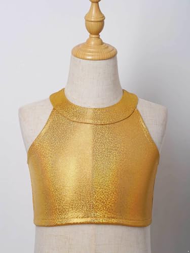 Girls Sparkle Hip Hop Dance Tank Top Metallic Sleeveless Halter Neck Tee Vest for Kids Tumbling Top3