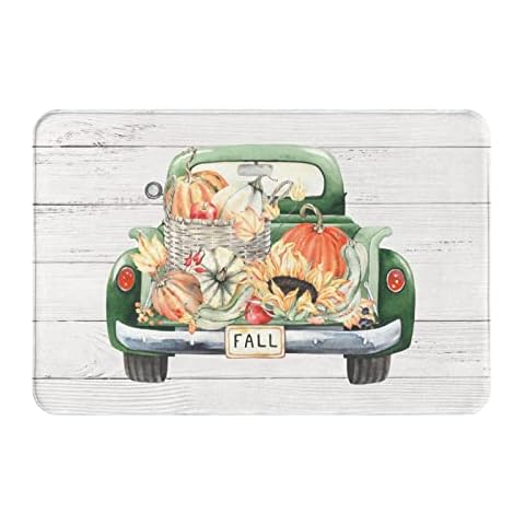 Bath Mat Farmhouse Pumpkin Truck Autumn Bathroom Rug Non Slip for Shower Soft Memory Foam 15.7 x 23.6 Inch Small Carpet Floor Runner Washable Cover