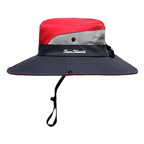 Image of Womens Summer Sun Hat Beach Hat Wide Brim Outdoor UV Protection Hat Foldable Cool Mesh Ponytail Bucket Hat