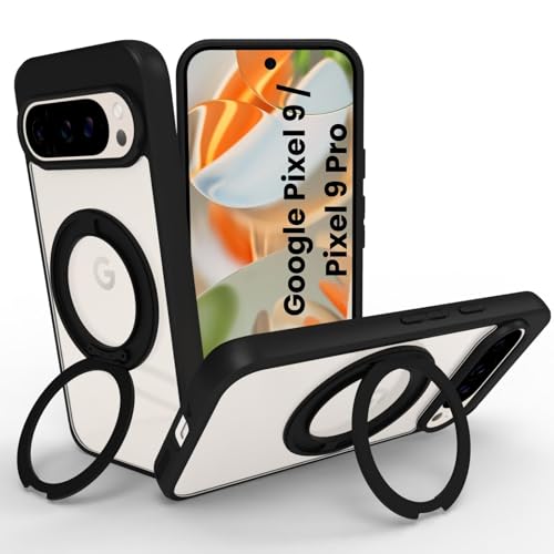 Image of RIGGEAR Shockproof Sleek Hybrid Armor 360 Rotating Magnetic Ring Stand Back Cover Case Compatible with MagSafe Accessories for Google Pixel 9 / Pixel 9 Pro (Clear PC + Black TPU Bumper)