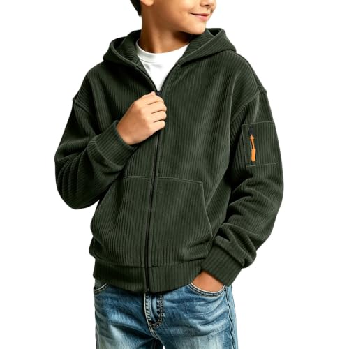 Boys Corduroy Knit Hoodie Sweatshirt Plain Zip Up Long Sleeve Jacket - image 3