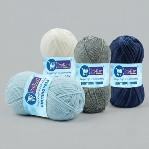 Image of ProKart - 4 Ply Plush & Cuddly for Knitting & Crochet | Pastel Yarn for Baby Toys & DIY Crafts | 100g, Pack of 4 (Navy Blue, Baby Blue, White, Grey)