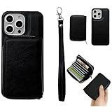 iPhone 13 Pro用ジェネリックケース(カラー:ブラック) ストラップ レザー フリップ ジッパー マルチウォレット バックケース