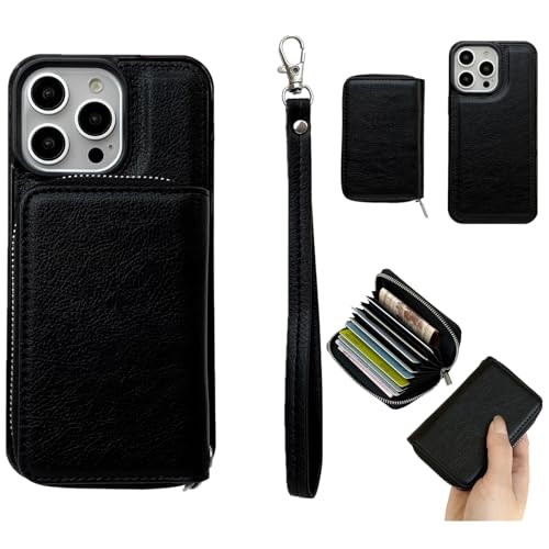 Étui iPhone 16 noir à rabat avec fermeture éclair et fonction portefeuille en cuir