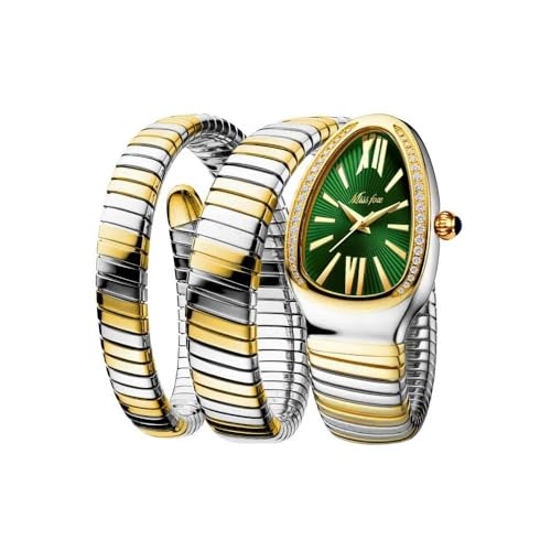 DAXIAOYU Womens Snake Wrap Bangle Watches Rhinestone Bezel Analog Quartz Dress Watch for Ladies Elegant Gift for Her(SilverGold-Green)