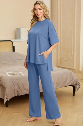 Image of PrinStory Womens Pajamas Sets 2 Piece Lounge Set Short Sleeve Tops and Long Pants Soft Pjs Loungewear with Pockets