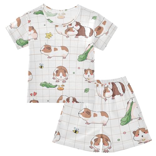 Pajama Sets Short Sleeve Guinea Pigs and Stripes Soft Cotton Summer Sleepwear 2 Piece PJS Size 5-14T