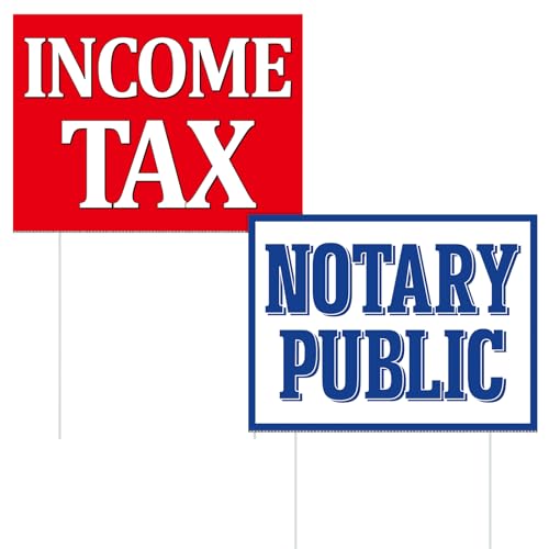 Yookeer 2 Pcs Income Tax Notary Public Yard Signs 16 x 12 Inches Income Tax Services Yard Lawn Sign Plastic Stake Double-sided Printing for Street, Notary Public Office Entrance, Parking Lot, Road