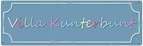Metallschild "Villa Kunterbunt" – Gewölbtes Blechschild 27x10 Cm, 4 Löcher, Made In Germany