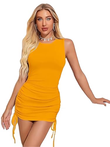 Image of LONDON BELLY Women's Solid Pattern Polyester Blend Bodycon Mini Dress with Drawstring Fitted Closure Type Round Neck and Sleeveless Thigh Length | One Piece Dresses for Women