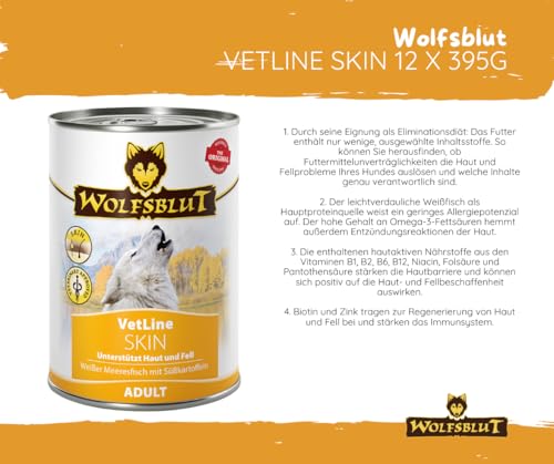 Wolfsblut Vetline Hundefutter - Skin & Coat, 12x395g - Sparbundel, Sparpaket - inklusive Warnicks Tierfutterservice Hundesnack Goodie