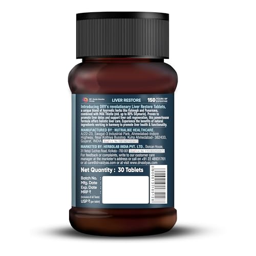 Image of Dr. Vaidya's Liver Restore Tablets with Milk Thistle and Dandelion | 600mg Silymarin | Ayurvedic Liver Detox & Care Supplement | Supports Liver Health, Cleansing, Digestion & Metabolism | 30 Tablets, Pack of 1