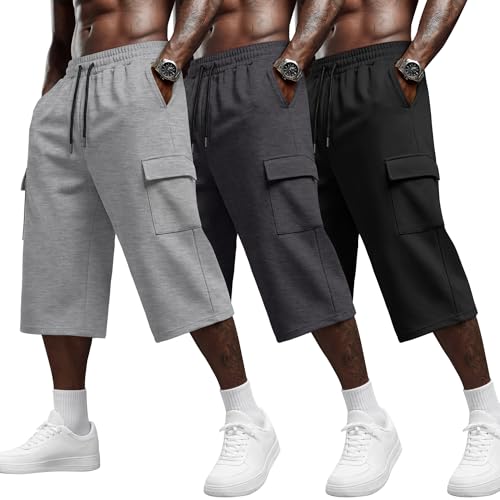 Neer 3 Pack Mens Capri Cargo 3-4 Pants Baggy Wide Leg Below Knee Shorts Drawstring Lightweight Summer Sweatpants Pockets(Black, Dark Mixed Gray, Light Mixed Gray,Large)