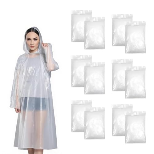ClcIosis 12 Stück Regenponcho Damen, Regenschutz Regenponcho, Durchsichtig Mit Kapuze Leicht zu Tragen für Wandern Radfahren, Camping Konzert und Reise ﻿