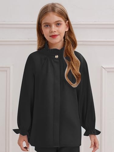 Kids Girls Puff Long Sleeve Button Down Dress Shirt Ruffle Collar Blouse Uniform Casual Fall Top4