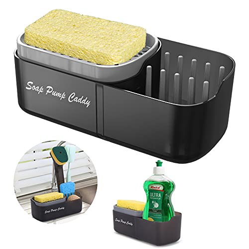 Dish Soap Dispenser for Kitchen, Sponge Soap Dispenser, 3-in-1 Countertop soap pump dispenser and sponge holder, for Kitchen Sink Dishwashing Soap Dispenser and Cleaning Tools Storage Box - 12.5 Ounce