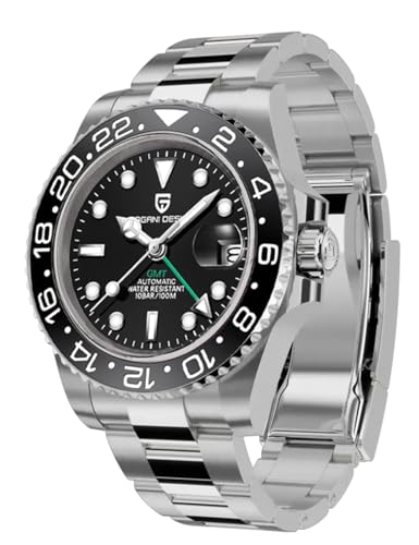 Pagani Design Men's GMT Automatic Watch Sapphire Glass Fashion Business Stainless Steel Watch (Black)