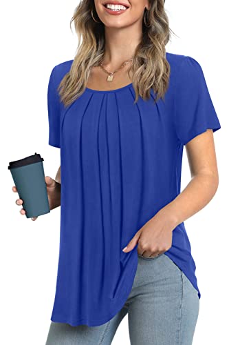 Anymeet Women'S Summer Casual Tunic Tops Short-Sleeve Loose Soft Pleated Blouses For Leggings Flowy Beach Tee Royal Blue Large thumb #1