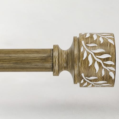 Boho Wood Curtain Rods for Windows 32 to 60 Inch, 1" Adjustable Heavy Duty Window Curtain Rod with Imitation Wooden Grain Leaf Finials, Rustic Decorative Drapery Rods, Size 32"-60", Weathered Wood