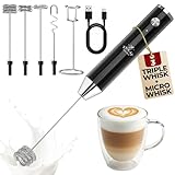 Zulay Kitchen Rechargeable Milk Frother Handheld - Lux 4 Whisks, Powerful 2-Speed Motor, Waterproof, 2000mAh Battery - Drink Mixer for Latte, Cappuccino, Matcha & Protein Powder - Jet Black