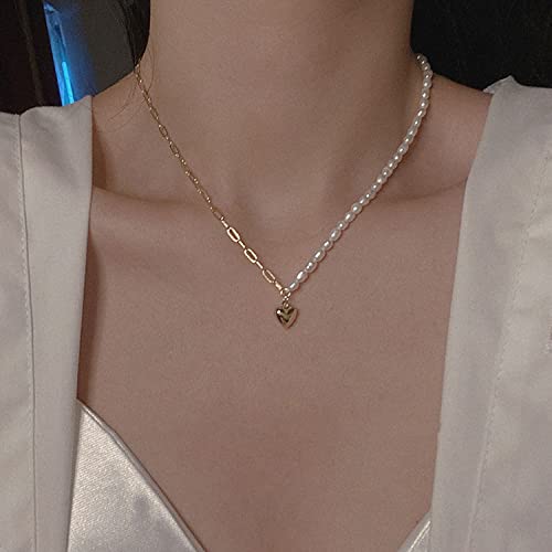 Bethynas Love Heart Necklace Pendant 14K Gold Plated Paper Clip Chain Baroque Freshwater Pearl Chain Vintage Punk Figaro Charm Valentine Gift Women Jewelry #TOP5