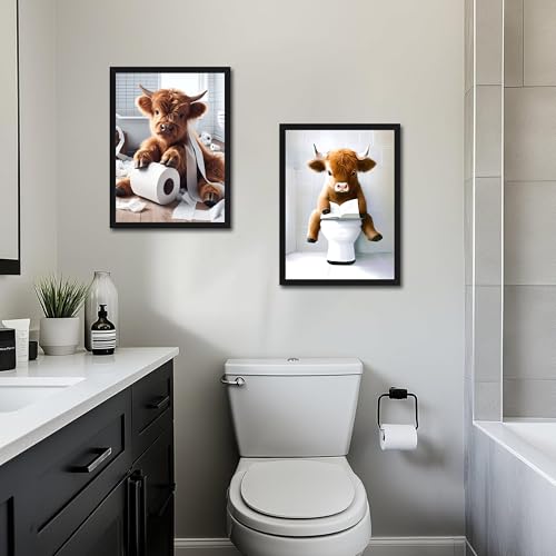 Highland Cow Bathroom Decor Set of 3, Funny Brown Cute Highland Cow Wall Art Paintings, Vintage Rustic Farmhouse Canvas Pictures Posters Prints for Bathroom, Restroom Black Wood Framed 12x16 Inch by Tmvosn - Image 8