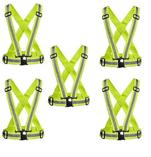 K T I® Reflective Vest High Visibility Cross Belt Green with Adjustable Straps Ideal for Cycling Running and Other Outdoor Activities Pack of 5