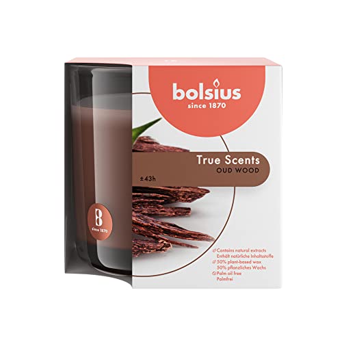 Bolsius Duftkerze Oud Wood im Glas, große Kerze aus Wachs