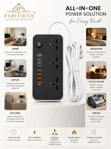 Image of 3 Universal Power Sockets Extension Board with 4 USB Ports, 2 Type-C PD Ports, Power Switch & 2 Meter Heavy Duty Cord, Multi Plug Power Strip