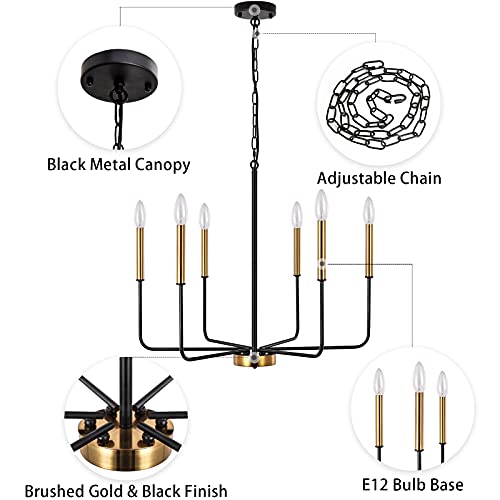 Mrhyswd Modern Farmhouse Chandelier 6 Lights Black And Gold Chandelier For Dining Room Light Fixture Hanging Candle Brushed Brass Pendant Lighting For Kitchen Island Living Room Bedroom Foyer #TOP2