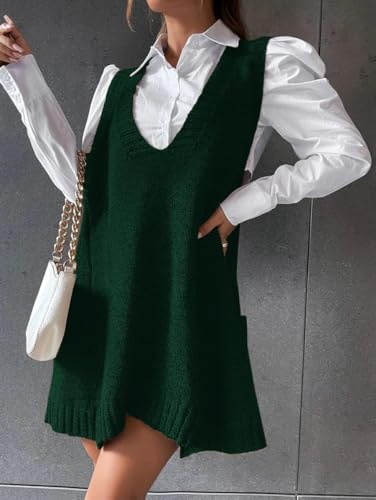 Image of Zeagoo Womens Sweater Vest Dress Pattern Knitted Pullovers Sweaters V Neck Tank Sweater Dress with Pockets