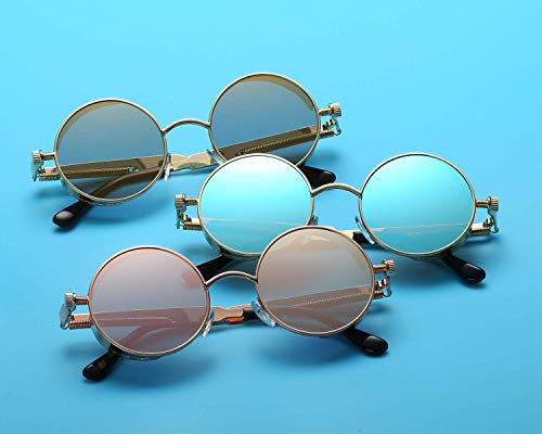 Dollger Vintage Steampunk Sunglasses for Women Men Retro Metal Round Circle Frame Sunglasses(Transparent pink Lens/gold frame)