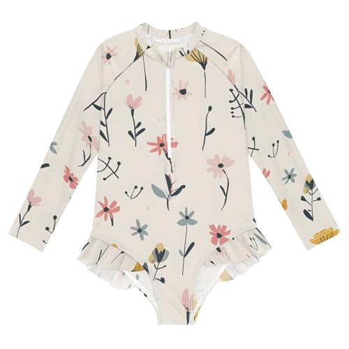Girls One Piece Swimsuits Long Sleeve Swimsuit Zipper Bathing Suits Muted Color Floral Beige