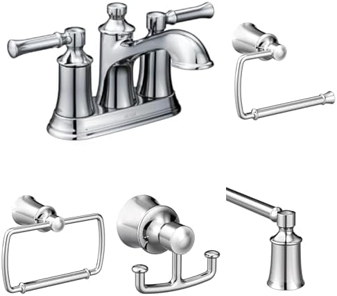 Moen Dartmoor Chrome Bathroom Set - Two Handle Centerset Faucet 6802 with 24-Inch Towel Bar, Toilet Paper Holder, Robe Hook, and Towel Ring