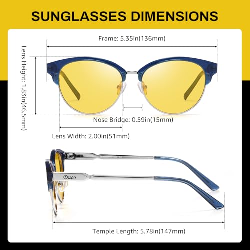 DUCO Round Semi-Rimless Night Vision Driving Glasses Polarized Anti Glare Eyewear for Men and Women HD Yellow Tinted2