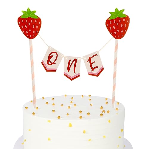 Alydppg Berry Sweet Strawberry Bunting Cake Topper, First Birthday & Baby Shower Cake Topper, 4 Pieces, Red