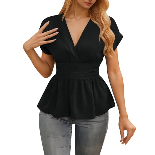 Aniywn Womens Tops Going Out Trendy V Neck Short Sleeve Elegant Wrap Peplum Tops Stretchy Ruched Ruffle Dressy Blouses Shirts Black