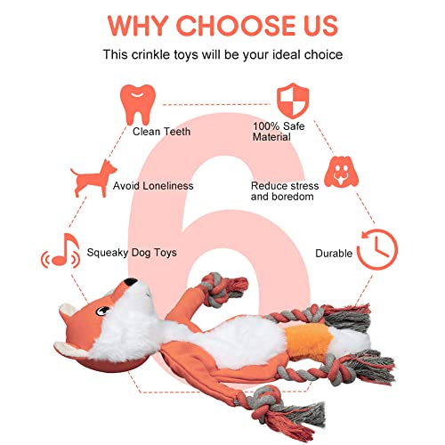 Lalfpet Stuffingless Squeaky Dog Toys,Plush Fox Dog Toy With Crinkle Paper, Crinkle Dog Toy With Rope Legs,No Stuffing Dog Chew Toys For Small Medium Dogs,Tug-Of-War Dog Toy,Orange (Pto_0X6X2Des) #TOP2