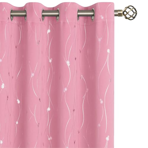 BGment Pink Blackout Curtains 72 Inch Length 2 Panels Set, Grommet Thermal Insulated Blackout Curtains with Wave Line and Dots Printed for Bedroom, Each Panel 52 x 72 Inch