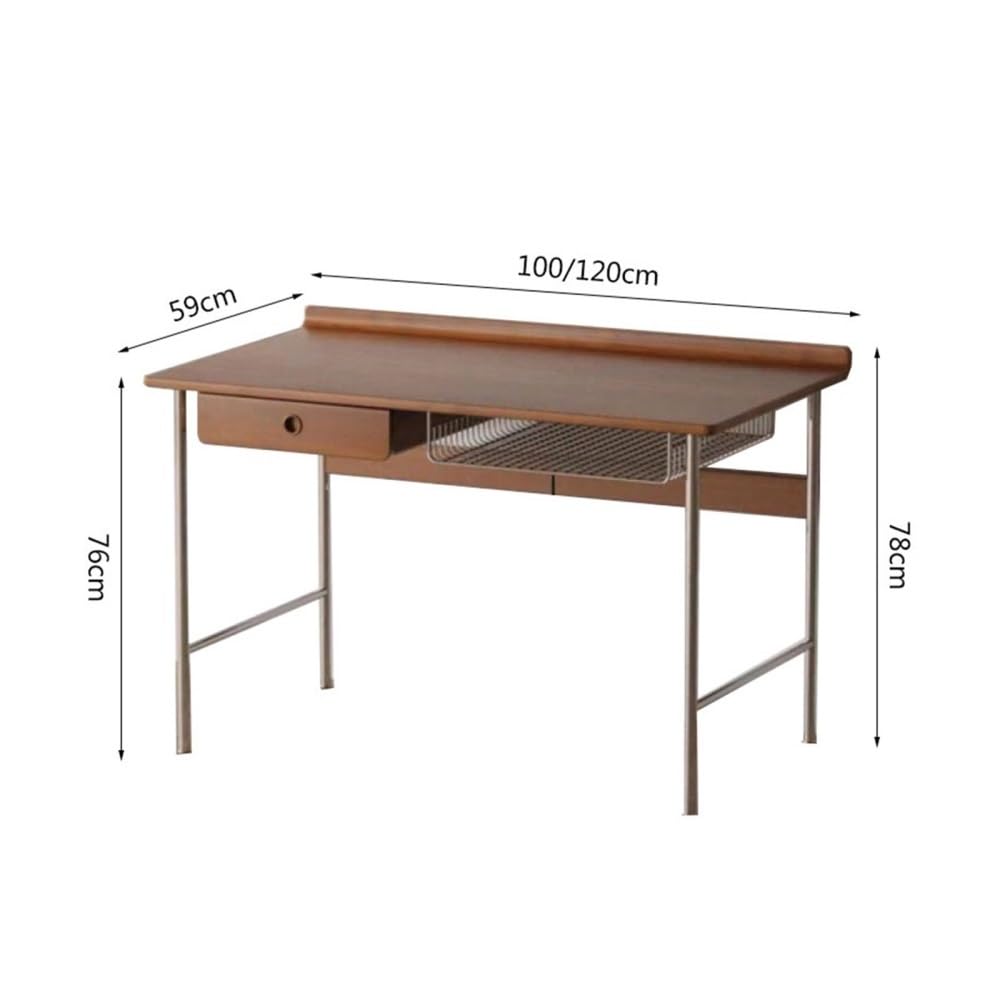 Biurko komputerowe, Biurko z drewna w stylu vintage ramą ze stali nierdzewnej, kompaktowe biurko do nauki domu szufladami i półką przechowywania(100cm)