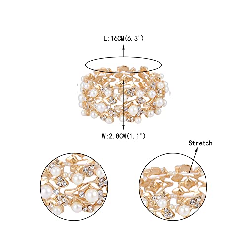 Ever Faith Gold-Tone Crystal Cream Simulated Pearl 1920'S Style Leaf Stretch Bracelet Clear #TOP4