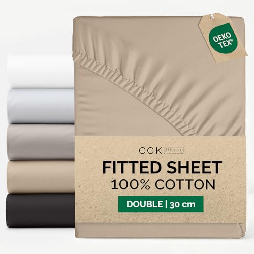 Double Fitted Sheet 135x190 cm - 100% Cotton Sateen 400 Thread Count - Deep Fitted Sheet for Mattresses up to 30 cm (12)- Soft, Breathable & Wrinkle Free - Hotel Quality - OEKO-TEX - Cream